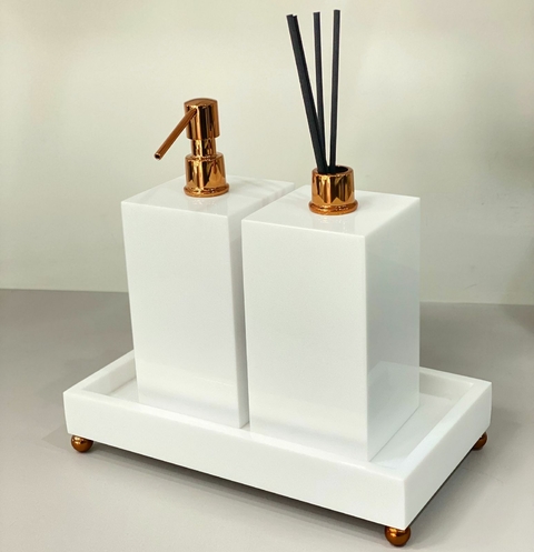 kit lavabo 2 peças + bandeja 26x16 em resina branca com red gold