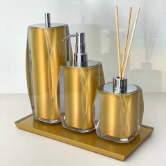 kit de banheiro 3 peças + bandeja 14x28 em resina Valência cristal dourado com cromado