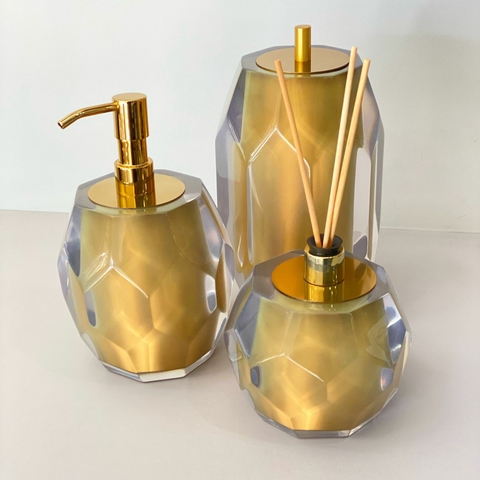 Kit de banheiro 3 peças em resina lapidado Cristal dourado com Dourado