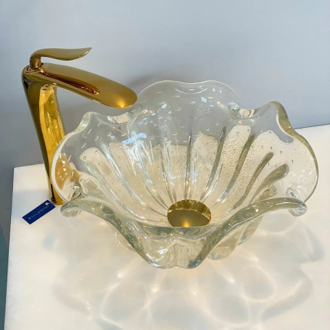 Cuba de Murano com pó de ouro 24k flor 5 pontas cristal ø38cm