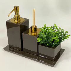 Kit lavabo 3 peças + bandeja 14x28 em resina marrom com dourado