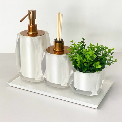 kit lavabo 3 peças + bandeja 14x28 em resina Valência cristal pérola com red gold