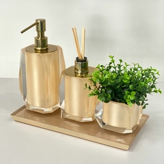 kit lavabo 3 peças + bandeja 14x28 em resina Valência cristal champagne com dourado