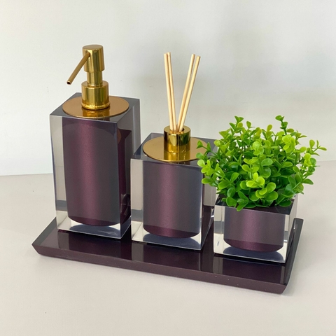 Kit lavabo 3 peças + bandeja 14x28 em resina Cristal uva com dourado