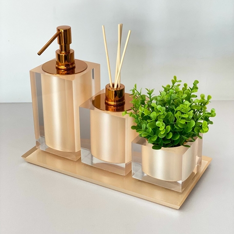 kit lavabo 3 peças + bandeja 14x28 em resina cristal champagne com red gold