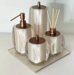 kit de banheiro 4 peças em resina valência + bandeja cristal Marfim com corten