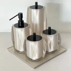 kit de banheiro 4 peças em resina valência + bandeja cristal Marfim com Preto Fosco