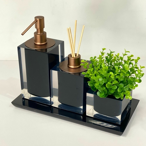kit lavabo 3 peças + bandeja 14x28 em resina Cristal preto com corten