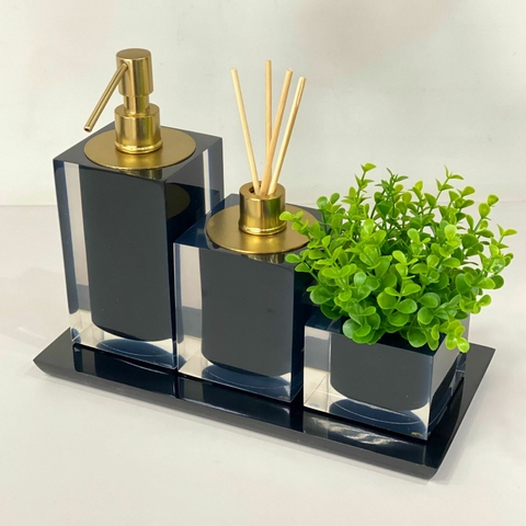 Kit lavabo 3 peças + bandeja 14x28 em resina cristal Preto com Dourado fosco