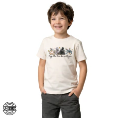 Camiseta Infantil Personagens Espaciais Robô Heroi Vilão e Nave Galáctica