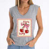 Cinza - Camiseta Feminina Estampa Cerejas Vermelhas Com Laço Rosa Vintage Cheri Lady
