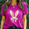 Fucsia - T-shirt Feminina Orelhas De Coelho Com Laço Floral Em Estilo Vintage Coquette