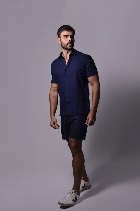 CAMISA LINHO AZUL MARINHO MANGA CURTA