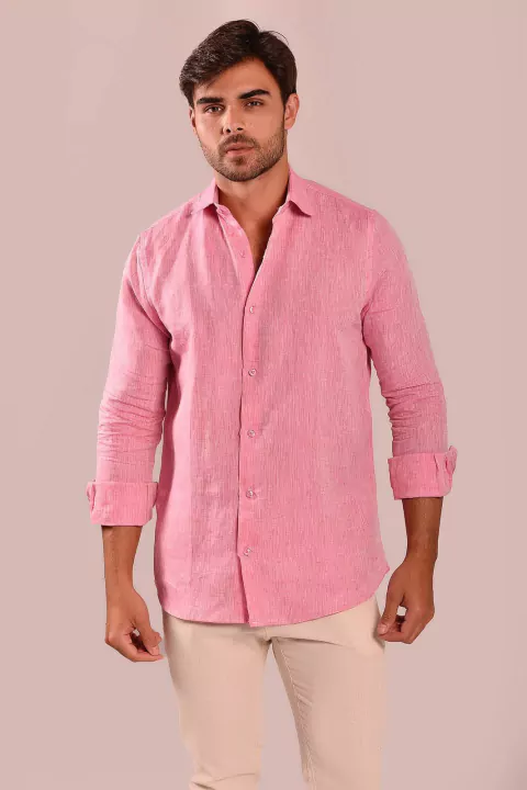 CAMISA PURO LINHO CORAL MANGA LONGA
