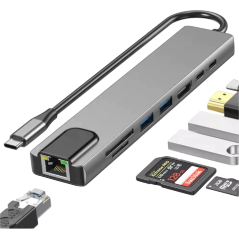 ADAPTADOR HUB USB TIPO C 8X1 HDMI/2X USB 3.0/PD/REDE