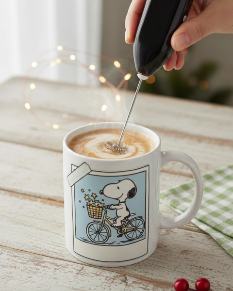 Pack " Taza de cerámica Snoopy bicicleta + Batidor de café "