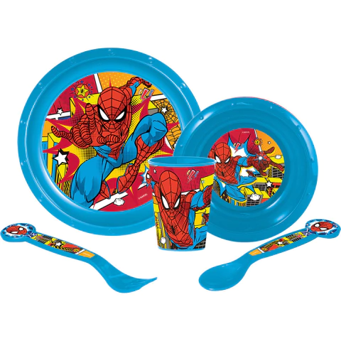 Spiderman 5 piezas Plato , cubiertos, vaso y un contenedor Gift Box