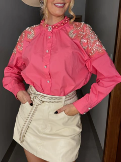 Camisa Over Manga Longa Bordada Feminino - Rosa