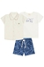 Trio de Camiseta em Meia Malha Enjoy, Camisa em Linho Off White e Bermuda em Sarja Azul Folhagem Luc.Boo