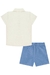 Trio de Camiseta em Meia Malha Enjoy, Camisa em Linho Off White e Bermuda em Sarja Azul Folhagem Luc.Boo na internet