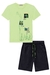 Conjunto de Camiseta em Meia Malha Protect the Dinos Verde Claro Neon e Bermuda em Sarja Pita Escura Luc.Boo