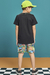 Imagem do Conjunto de Camiseta em Meia Malha Preta Adventures e Bermuda em Nylon Ergonomic com Elastano Estampada Dinos Luc.Boo
