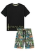 Conjunto de Camiseta em Meia Malha Preta Adventures e Bermuda em Nylon Ergonomic com Elastano Estampada Dinos Luc.Boo