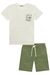 Conjunto de Camiseta em Meia Malha Let's Some Fun Off White e Bermuda em Sarja Empapelada Verde Militar Luc.Boo