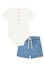 Conjunto de Body em Malha Wave Off White com Botões e Bermuda em Jeans Liz com Elastano Luc.Boo