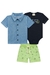 Trio de Body em Suedine Wild and Cute Marinho, Camisa em Tecido Azul Claro e Bermuda em Sarja Empapelada Verde Luc.Boo