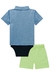Trio de Body em Suedine Wild and Cute Marinho, Camisa em Tecido Azul Claro e Bermuda em Sarja Empapelada Verde Luc.Boo - loja online