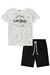 Conjunto de Camiseta em Meia Malha Original Off Mesclado e Bermuda em Moletom Preto Luc.Boo