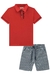 Conjunto de Camisa Polo em Meia Malha Vermelha e Bermuda em Tecido Noronha Mescla Luc.Boo