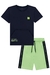 Conjunto de Camiseta em Meia Malha Bolso Canguru Marinho e Bermuda em Moletom sem Pelúcia Verde Neon Johnny Fox