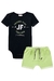 Conjunto de Body em Ribana 1x1 Preto Together e Bermuda em Moletom Verde Neon Johnny Fox