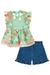 Conjunto de Bata em Tule Comfy Flores Verde e Shorts em Jeans Liz Kukiê na internet