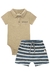 Conjunto de Body Polo em Ribana 1x1 Hello Bege e Bermuda em Molecotton Azul Luc.Boo