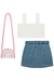 Conjunto Top Cropped em Retilínea Arco-íris e Saia Jeans Liz com Elastano Sun Kukiê. Acompanha bolsa - loja online