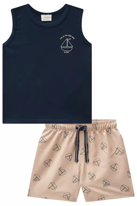 Conjunto de Regata em Meia Malha Marinho e Bermuda em Nylon Ergonomic com Elastano Navios Caramelo Claro Luc.Boo Bebê Me - comprar online
