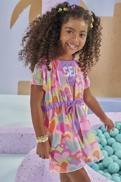 Conjunto de Biquíni em Malha Proteção UV50+ Lilás e Saída de Praia em Tule Colorida Kukiê Menina Infantil - comprar online