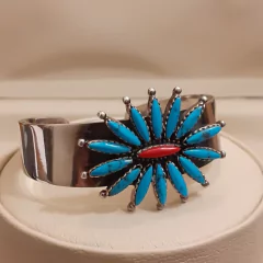 Pulsera brazalete en Plata 925, turquesas y coral - Montecassiano Joyas