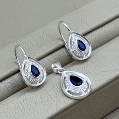 Conjunto Dije y Aros Gota en plata 925 con Zafiros Azules y Cubics C.CB