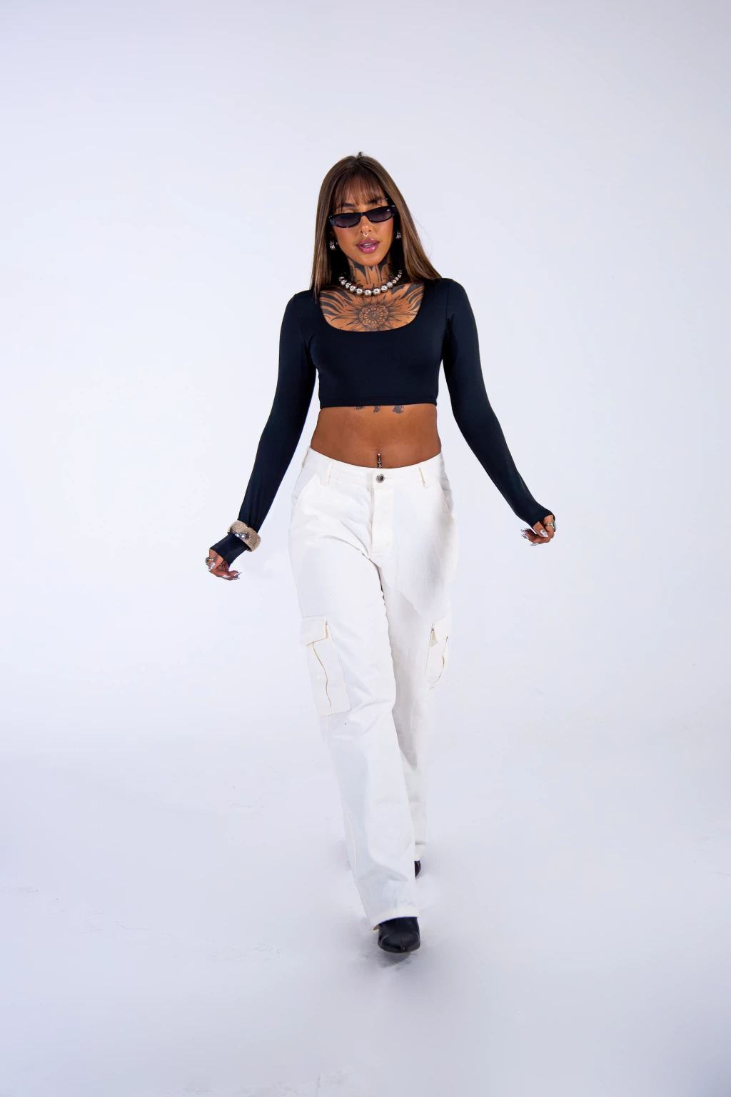 Cropped manga longa preto