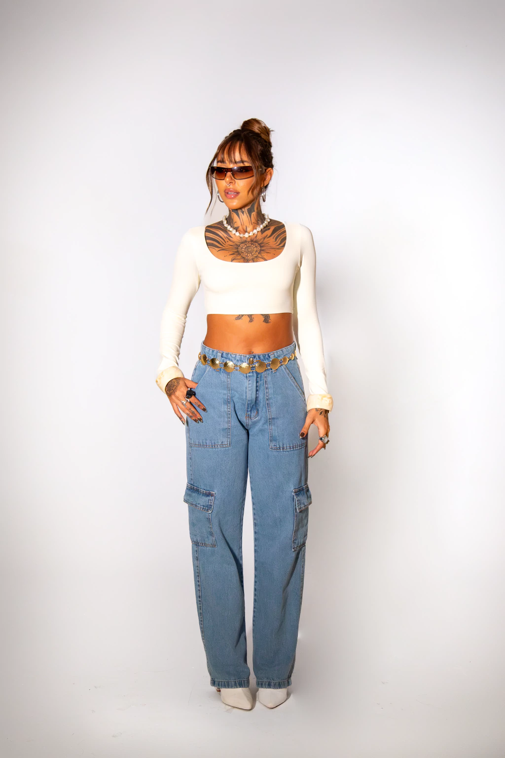 Cropped manga longa off white