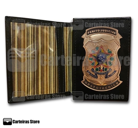 Carteira compacta em couro Perito Judicial Grafotécnico (República comprido/Detalhe preto)