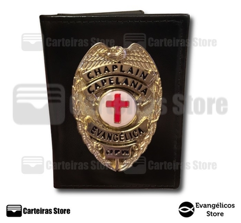 Carteira porta funcional em couro Chaplain Capelania Evangélica (Brasão Americano)