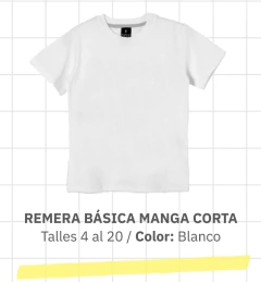 REMERA GEPETTO M/C BLANCA LISA ALGODON COLEGIAL UNISEX (GT258300)