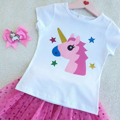 Conjunto Kids Saia Tule Unicórnio (Rosa Poa) - Picole Baby