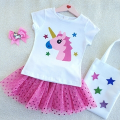 Conjunto Kids Saia Tule Unicórnio (Rosa Poa)