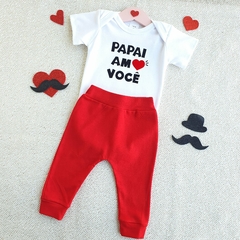 Conjunto Body Manga Curta Papai Amo Você (Branco/Vermelho)